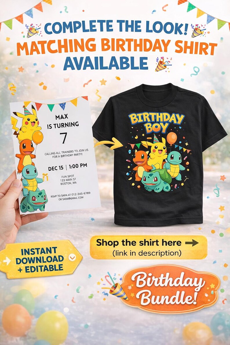 May include: Black "Birthday Boy" t-shirt featuring cartoon characters and the text "Birthday Boy". A matching birthday invitation is held in the hand. The invitation reads "Max is turning 7" and includes party details. The image also includes the text "Instant Download + Editable".