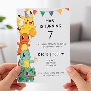 Pokemon Birthday Party Invitation, Pikachu, Charmander, Squirtle, Bulbasaur