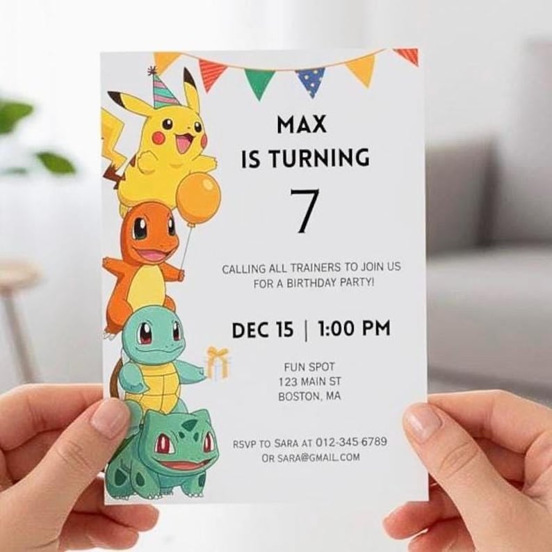 Pokemon Birthday Party Invitation, Pikachu, Charmander, Squirtle, Bulbasaur