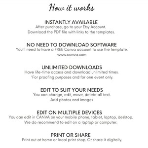 May include: White graphic with the title "How it works" and descriptive text about template usage. Includes details on instant availability, no software download, unlimited downloads, editing options, and device compatibility.