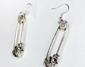 Safety Pin Skull Dangle Earrings