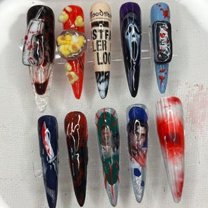 Scream Movie-persnagels | Handgeschilderde horror-nailart | Ghostface, Stu, Billy, VHS, Popcorn | Halloween-slashernagels