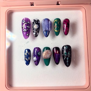 Witchy Celestial Press-On Nails – Handmade Moon, Tarot, Candle & Crystal Set | Gothic Fantasy Nail Art