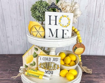 Farmhouse Lemon Tiered Tray Decor Bundle: Handmade Wood Signs