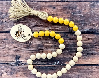Bee Farmhouse Wood Bead Garland: Engraved Bee Tag, 36"
