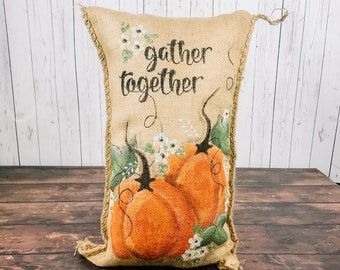 Hand-Painted Pumpkin Burlap Pillow: Gather Together, Farmhouse Fall Decor