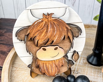 Highland Cow Wood Sign: Farmhouse Tiered Tray Decor