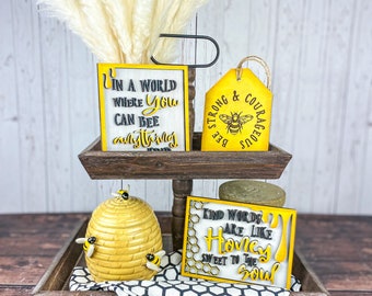 Bee Decor Wood Sign Set: Tiered Tray Bumble Bee Accents