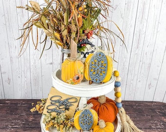 Fall Tier Tray Decor: Handmade 3D Pumpkins, Wood Bead Garland