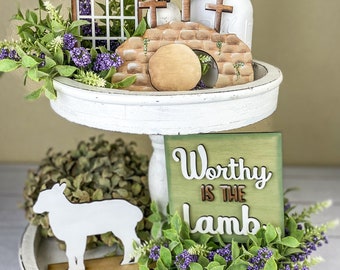Farmhouse Easter Tiered Tray Decor: He Has Risen Mini Wood Sign Bundle