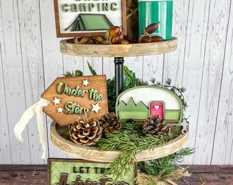 Handcrafted Camping Tiered Tray Decor Set: Rustic Woodland Charm
