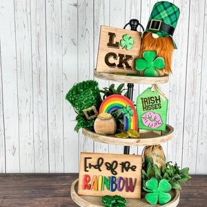 St. Patrick&#39;s Day Tiered Tray Decor Bundle: Handmade Gnome & Shamrock Signs