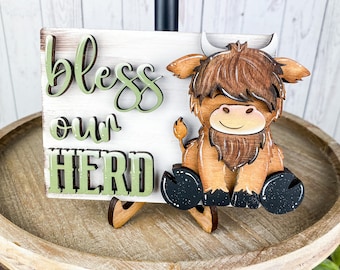 Bless Our Herd Sign: Farmhouse Highlander Cow Tiered Tray Decor