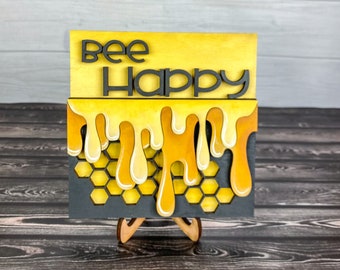 Bee Happy Sign: Honeycomb Tiered Tray Decor