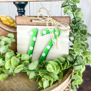 St Patrick&#39;s Day Tiered Tray Decor: Handmade Leprechaun, Clover, Horseshoe