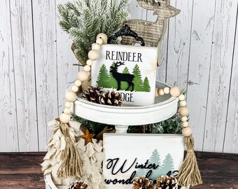 Farmhouse Christmas Tiered Tray Decor: Rustic Winter Bundle