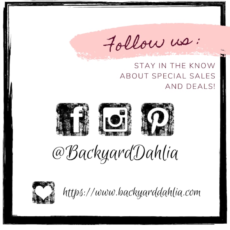 May include: A graphic with the text "Follow us: Stay in the know about special sales and deals!" and social media icons for Facebook, Instagram, and Pinterest. The text "@BackyardDahlia" and the URL "https://www.backyarddahlia.com" are also included.