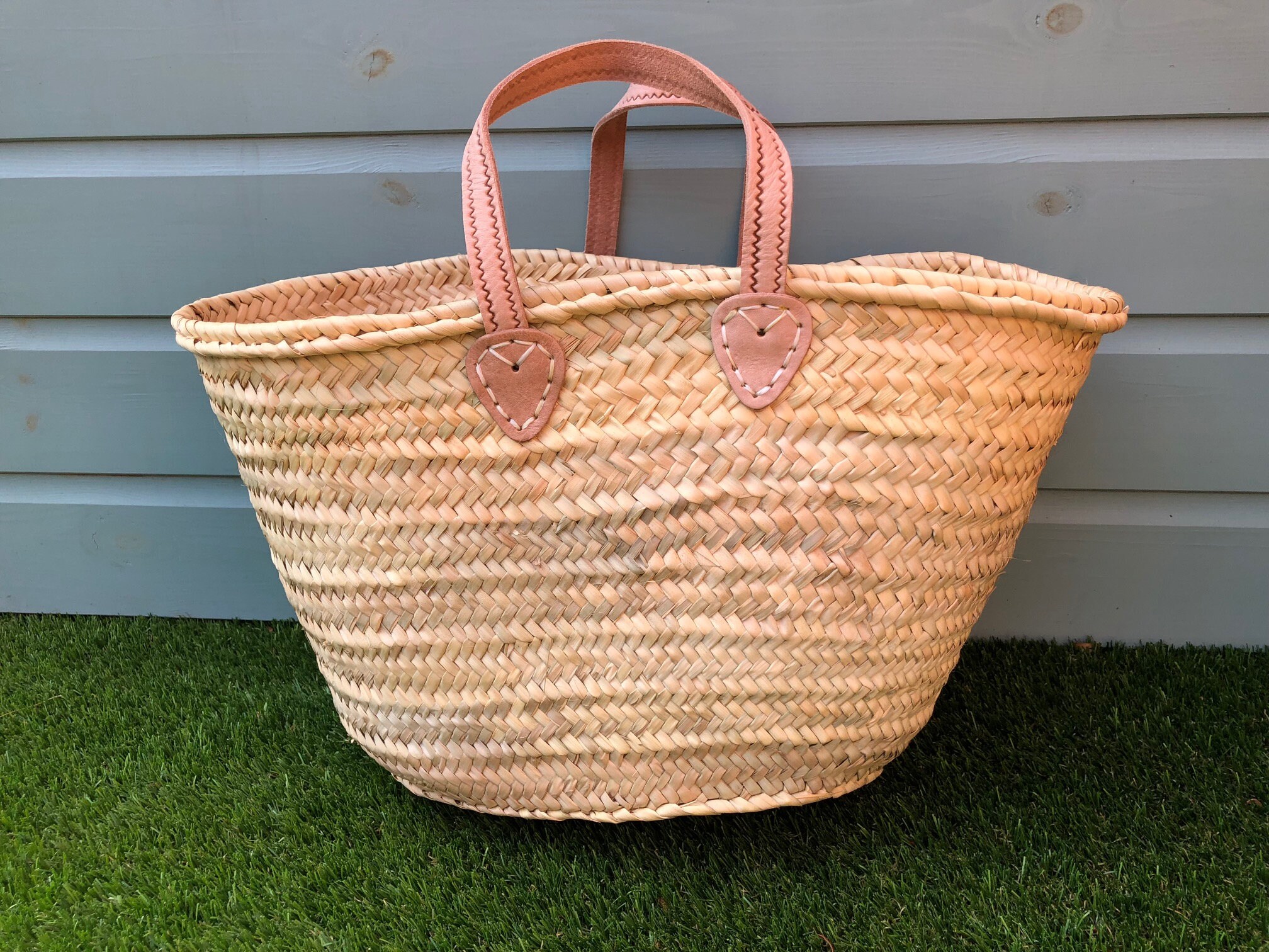 Medium French Style Straw Basket with Leather Handles