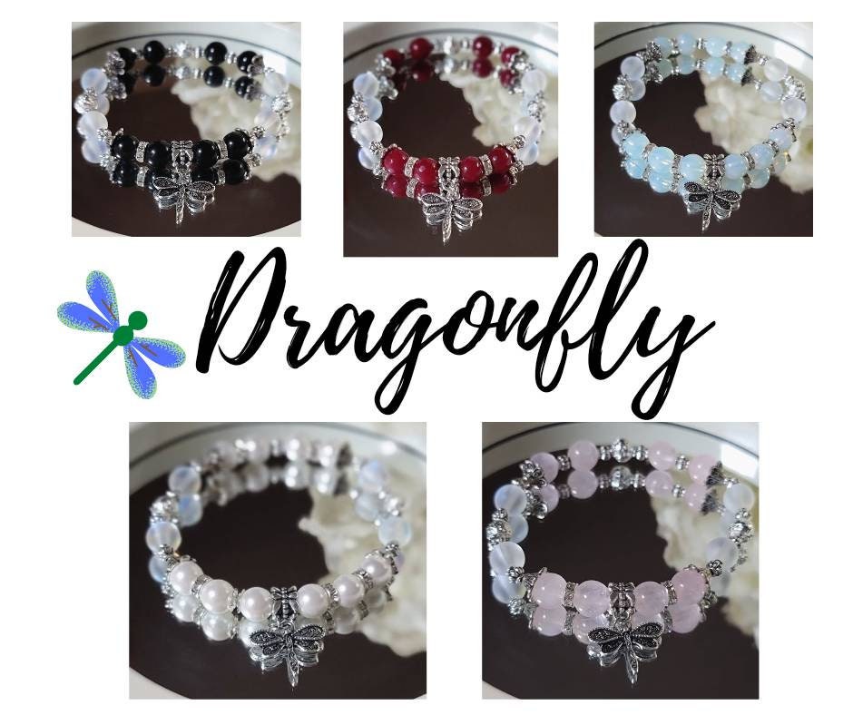 Dragonfly Lava Gemstone stretch bracelet Amethyst,  Obsidian, Green Jade, Fire Agate, Pearl, Opal *all accented with synthetic Moonstone