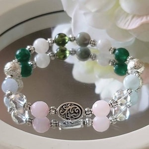 Fluid Retention 8mm Gemstones & Lava Bracelet Stretch Jade, Moonstone, Moldavite, Clear Quartz, Rose Quartz Pink front stones