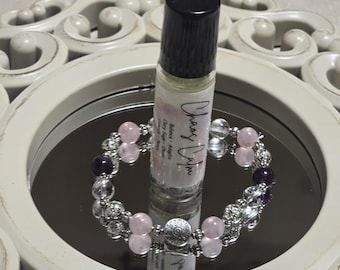 Chaos Calm Essential Oil Roller & Gemstone Bracelet, Amethyst Rose Quartz Clear Black Tourmaline Stress Support Gift silver lava 8mm stretch