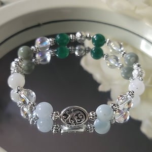 Fluid Retention 8mm Gemstones & Lava Bracelet Stretch Jade, Moonstone, Moldavite, Clear Quartz, Rose Quartz Blue front stones