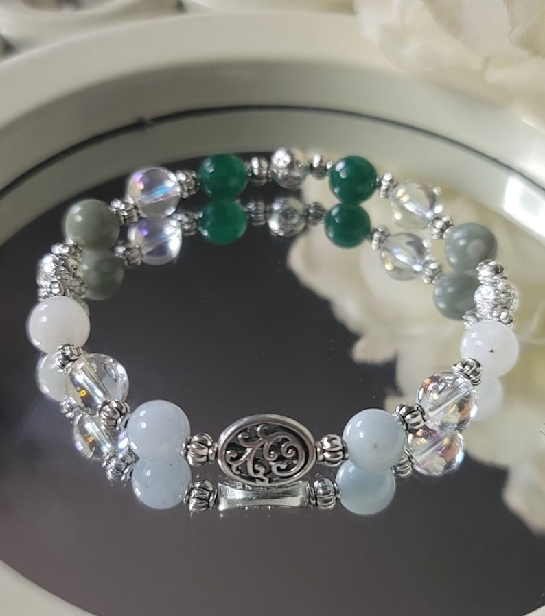 Fluid Retention 8mm Gemstones & Lava Bracelet Stretch Jade, Moonstone, Moldavite, Clear Quartz, Rose Quartz Blue front stones