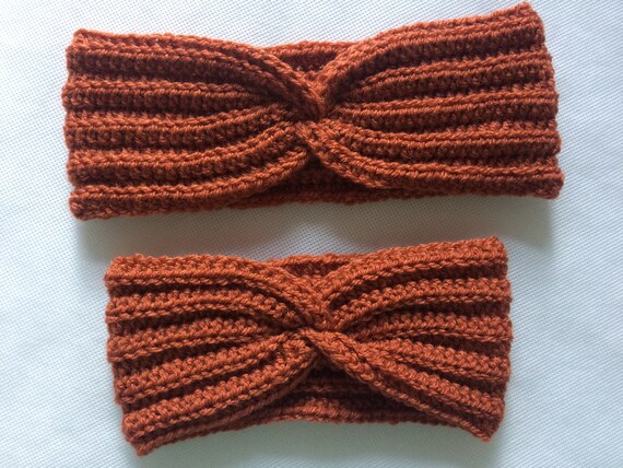 Bandeau/Chauffe-oreilles Femme Fait Main - Tricot Crochet En Fil Acrylique Gros, Couleur Rouille - Neuf