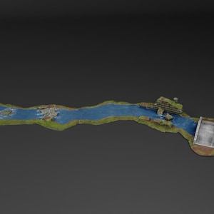 Könnte beinhalten: Eine Miniatur-Flussszene mit Wasserfall, Brücke und grasbewachsenen Ufern. Der blaue Fluss schlängelt sich durch eine Landschaft mit Felsformationen und einer kleinen Brücke. Die Szene ist vor einem dunkelgrauen Hintergrund.