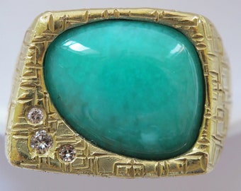 Gem Quality Chrysocolla 18K Gold Ring with Diamond Accent Stones