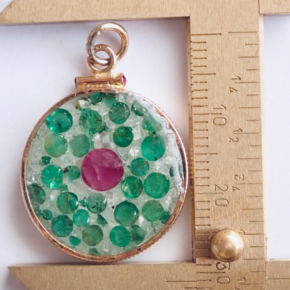Pendant: Emerald, Ruby, Diamond Rough & 1950s 14K… - image 3