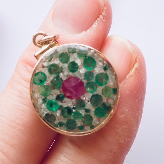 Pendant: Emerald, Ruby, Diamond Rough & 1950s 14K… - image 2