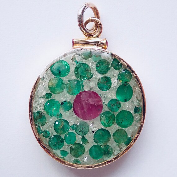 Pendant: Emerald, Ruby, Diamond Rough & 1950s 14K… - image 1