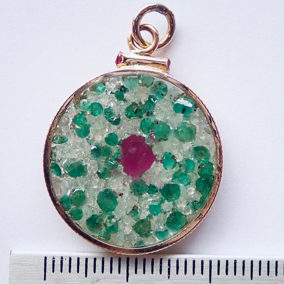 Pendant: Emerald, Ruby, Diamond Rough & 1950s 14K… - image 6