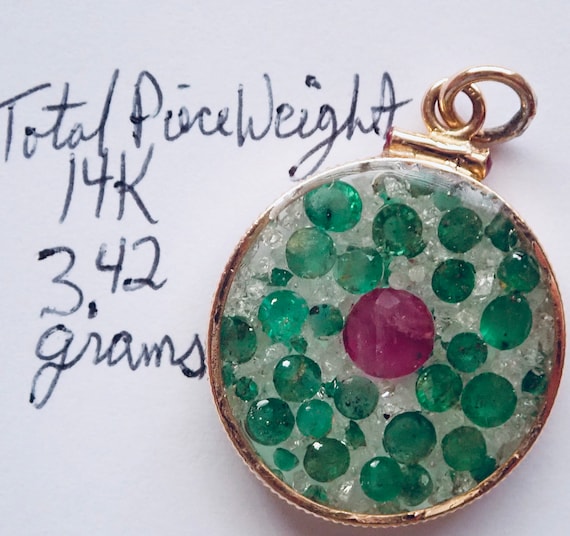 Pendant: Emerald, Ruby, Diamond Rough & 1950s 14K… - image 4