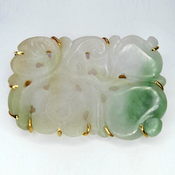 Jadeite Flower White and Green Natural, 14K Gold … - image 1