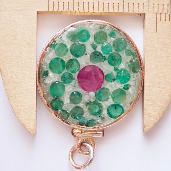 Pendant: Emerald, Ruby, Diamond Rough & 1950s 14K… - image 5
