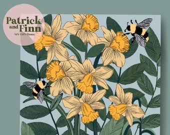 Flowers / prints / Art / daffodils / A4 / bees / bee / nature / artwork / for her / new home / digital art / illustration / yellow