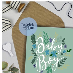 Baby boy / green / greeting / card / baby shower / boy / special occasion / new arrival / new mummy / new daddy / blank inside / family image 2