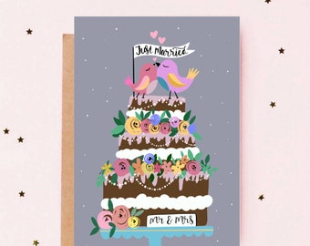 Mariage / cartes / amour / oiseaux / célébrer / juste / marié / salutation / carte / gâteau / occasion spéciale / mariée / marié / félicitations / couples