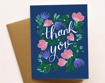 Thank you /  greeting card / blue / flowers / thanks / navy / unique / pink / lettering / thanks / blank inside / special occasion / unique