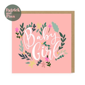 Bebé / Niña / rosa / saludo / tarjeta / hija / flor / nieta / interior en blanco / nueva llegada / nueva mamá / nuevo papá / familia