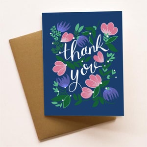 Obrigado/cartão de felicitações/azul/flores/obrigado/marinho/único/rosa/letras/obrigado/em branco dentro/ocasião especial/único