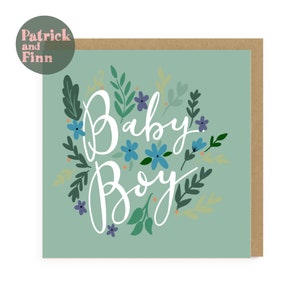 Baby boy / green / greeting / card / baby shower / boy / special occasion / new arrival / new mummy / new daddy / blank inside / family image 1