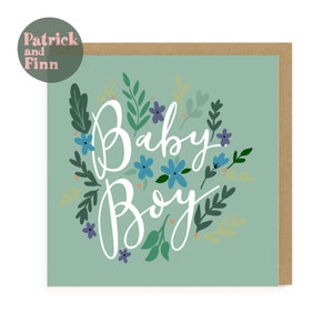 Bebé niño / verde / saludo / tarjeta / baby shower / niño / ocasión especial / recién llegado / nueva mamá / nuevo papá / interior en blanco / familia