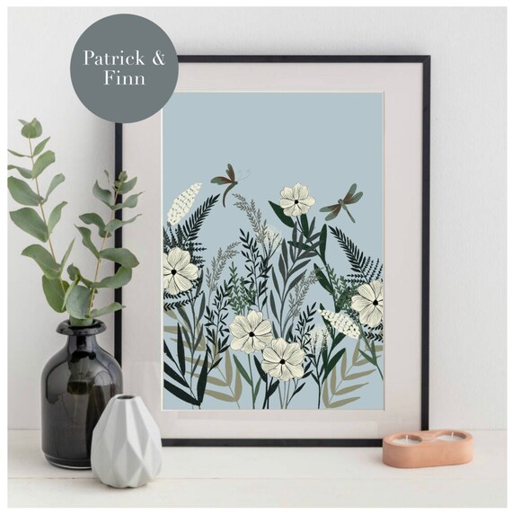 Floral / art / print / dragonfly / foliage / A4 / A5 / digital / illustration / home / office / decor / flowers / white / blue / for her