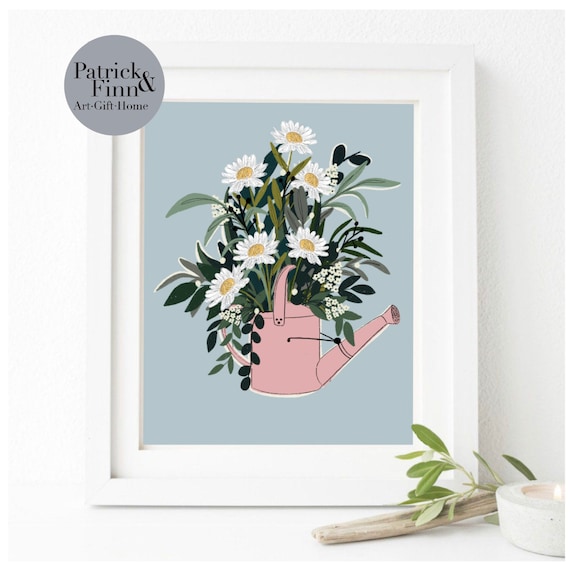 Print / watering can / illustration / digital art / artist / wall art / flowers / floral / A4 / A5 / artwork / for her / kitchen / pink