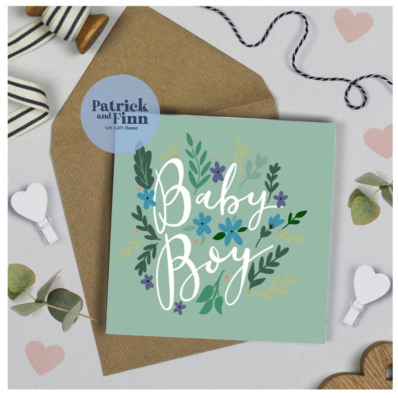 Baby boy / green / greeting / card / baby shower / boy / special occasion / new arrival / new mummy / new daddy / blank inside / family image 2