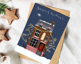 Christmas / greeting card / christmas house / gifts / navy / seasonal card / artwork / cards for Christmas / snowy / free postage