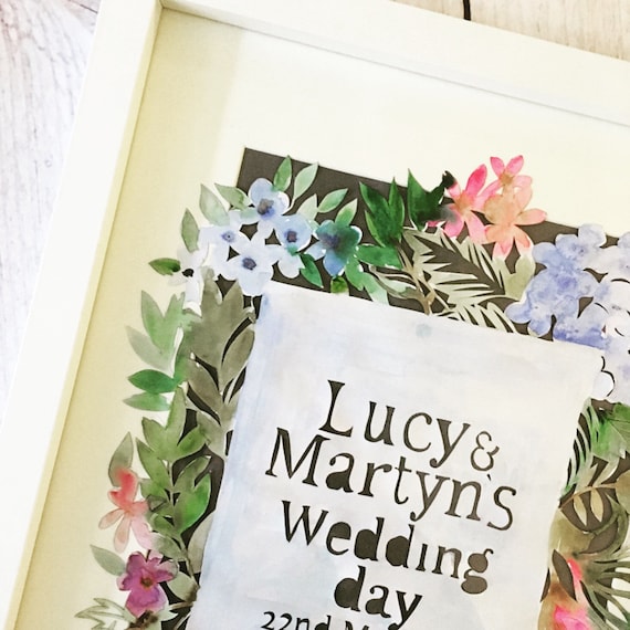 Wedding, gift, anniversary, paper, cutting, framed, watercolour, present, flowers